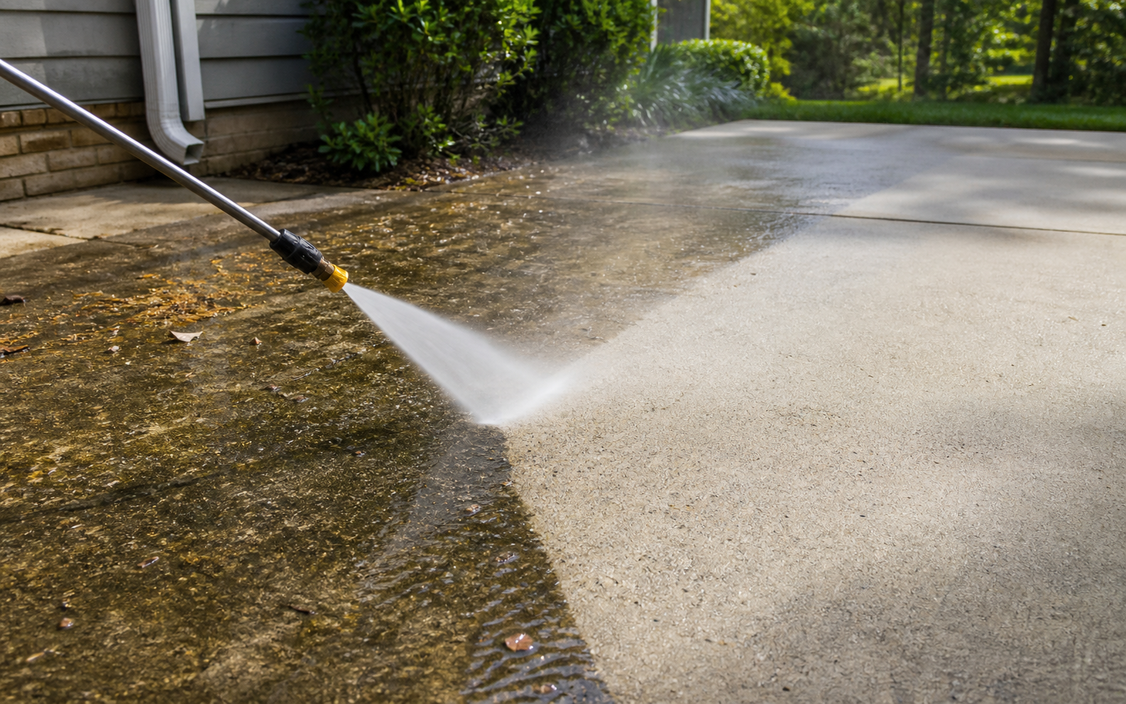 A pressure-washing wand cutting a clean line across a stained concrete driveway